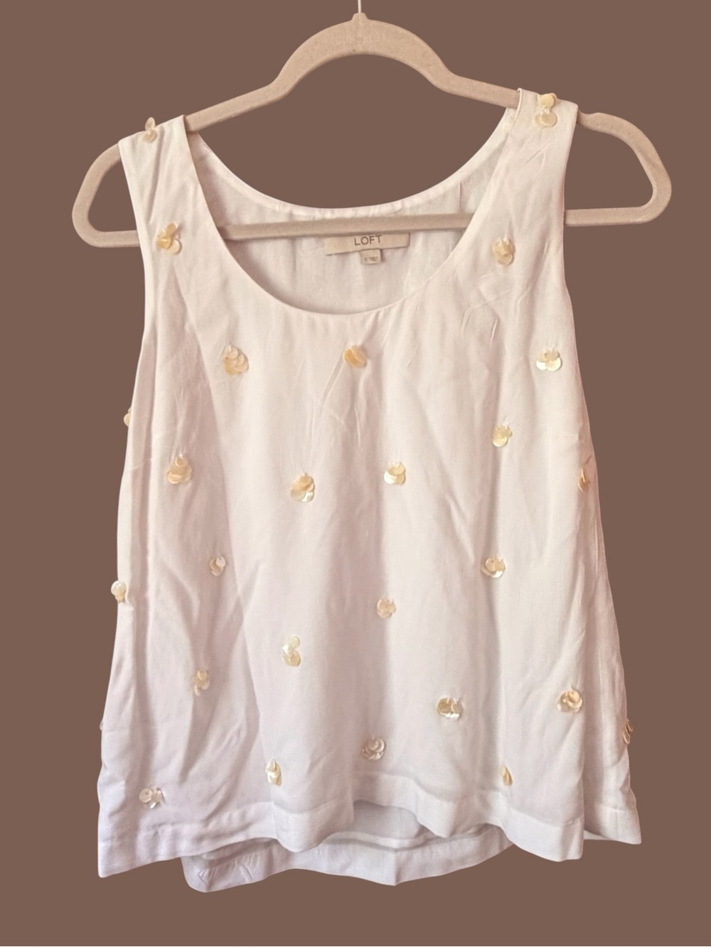 LOFT White Sleeveless Blouse with Ivory Sequin Flowers